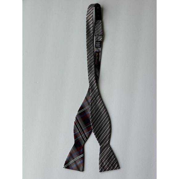 Ben Sherman Men's Silk Bow Tie Adjustable Navy Blue Red & White 2-Sided Plaid - Picture 7 of 7